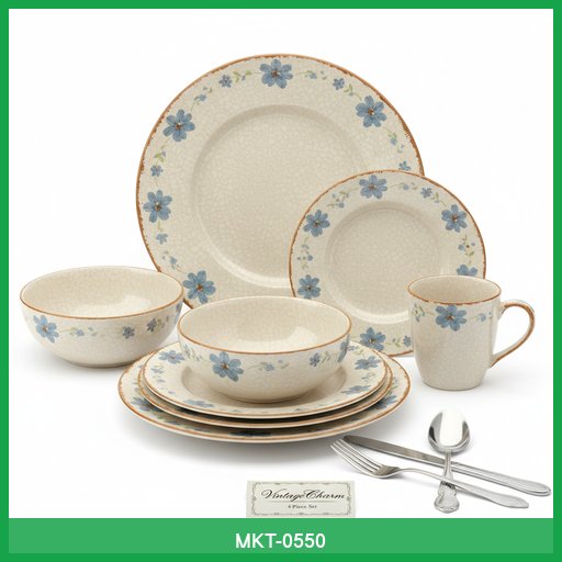 VintageCharm Ceramic Dinnerware Set (4 Place Settings)