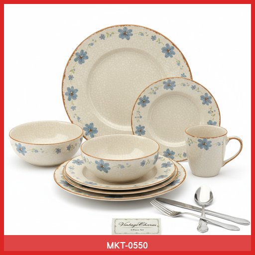 VintageCharm Ceramic Dinnerware Set (4 Place Settings)